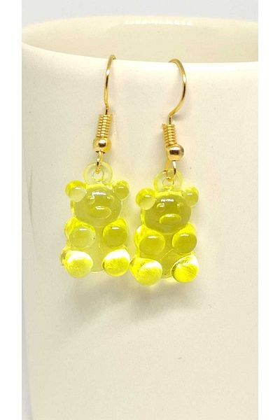 TUNA TAKI & AKSESUAR Jelibon Teddy Bear Earrings Yellow Hooked Model Youth Jewelry Children's Jewelry