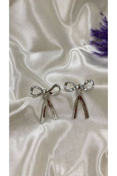 Eylülün Takısı Long Dangle Silver Bow Earrings