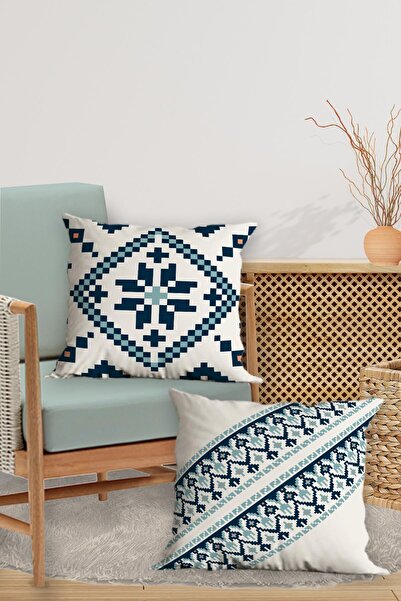 Belle Benoit Σετ μαξιλαροθήκη με μαξιλάρι 4 τεμαχίων διπλής όψης με ψηφιακή εκτύπωση μπλε λευκό σχέδιο – με φερμουάρ, 43x43 cm