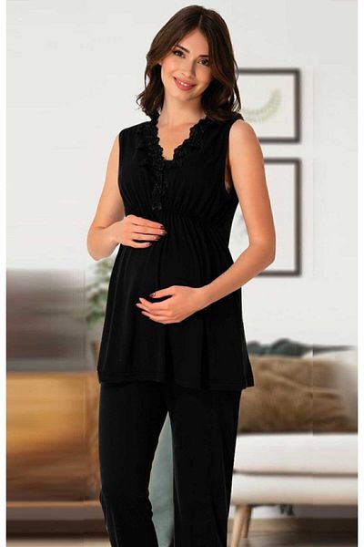 Effort Pijama Effortt 8034 Set pijamale de maternitate cu modele din dantela cu guler negru cu halate