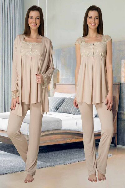 Effortt Mayss Collections 2301 Milk Brown Colored Maternity Pajamas Set with Dressing Gown