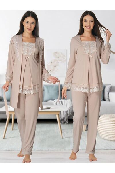 Effortt Mayss Collections 3044 Milk Brown Colored Maternity Pajamas Set with Dressing Gown