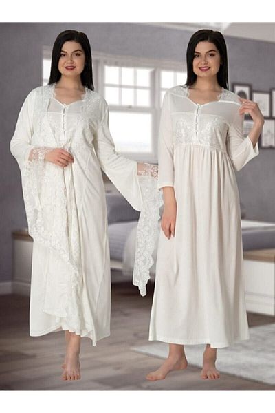 Effort Pijama Effort Ecru Spanish Sleeve Maternity Nightgown Set with Dressing Gown 3010