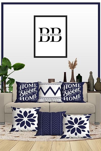 Belle Benoit 6 bucăți cu design albastru închis, alb, imprimat, decorativ, față de pernă pentru canapea, set de huse de pernă