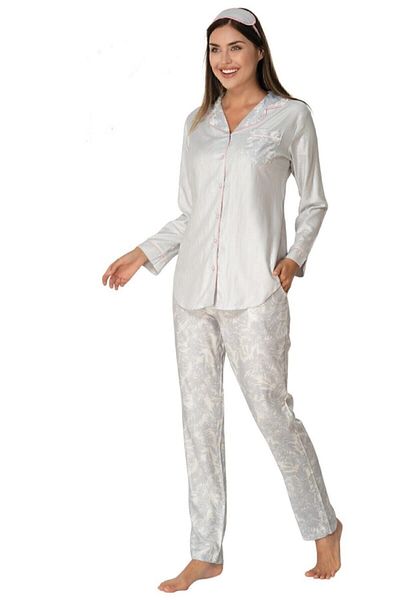 Mecit Pijama من Mecit 5143 طقم بيجامة نسائي منقوش بأزرار أمامية