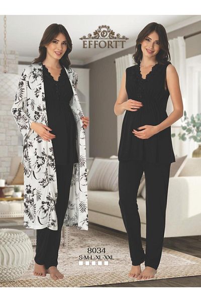 Effortt Women's Blue Pattern Maternity Pajamas Set with Dressing Gown 3-Piece Set