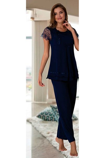 Effort Pijama Effortt 2054 Navy Blue Lace Detailed Maternity Pajamas Set with Dressing Gown