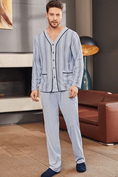 Mecit Pijama 2758 Model Plus Size Set de pijamale pentru bărbați cu deschidere frontală - Albastru