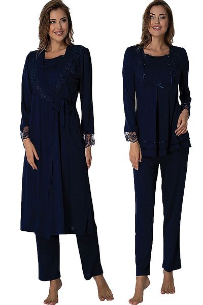 Effort Pijama Women's Navy Blue Maternity Pajamas Set with Dressing Gown 2018