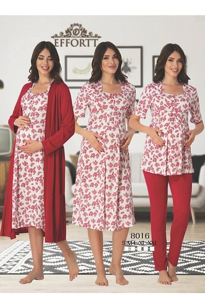 Effortt Women's Red Maternity Nightgown Dressing Gown Pajamas Set of 4