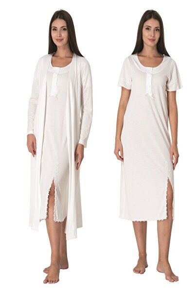 ByLohusa Set cămașă de noapte pentru maternitate Effortt Ecru cu halat de toa...