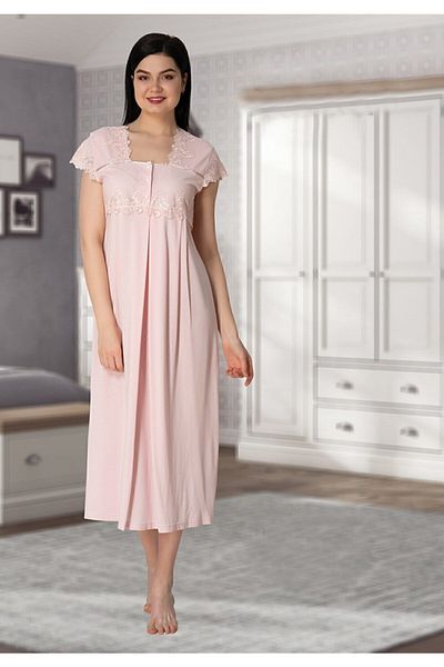 Effort Pijama Women's Pink Powder Collar Lace Detailed Maternity Nightgown Set