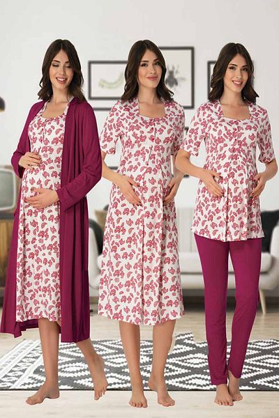 Effortt 8016 Fuchsia Color Nightgown Dressing Gown Pajamas Set of 4
