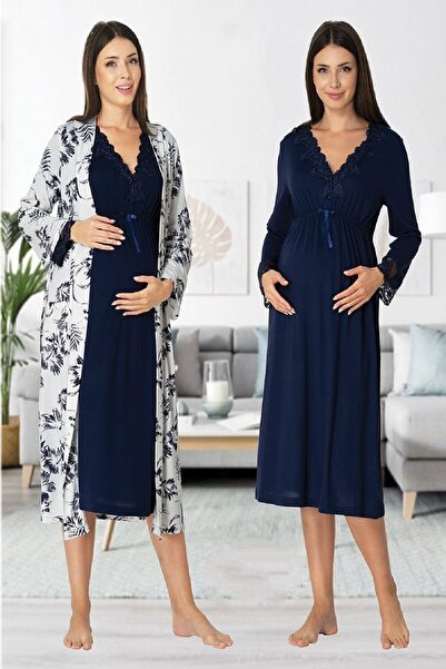 kaktüslohusa طقم ثوب نوم للأمومة بأكمام طويلة باللون الأزرق الداكن للنساء من ...