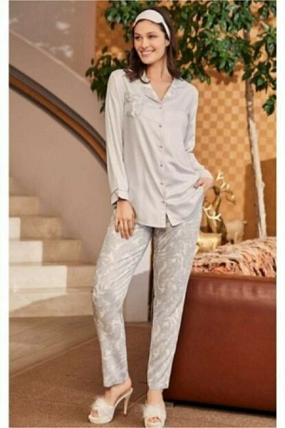 By Mecit Pijama Set pijamale cu dungi albastre pentru femei