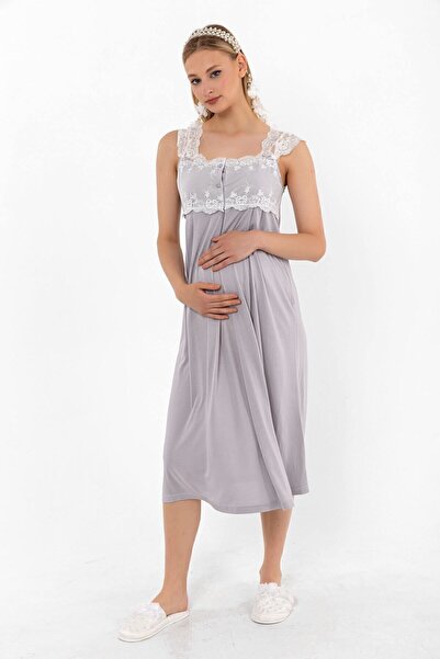 ByLohusa Effortt Gray Lace Maternity Maternity Nightgown