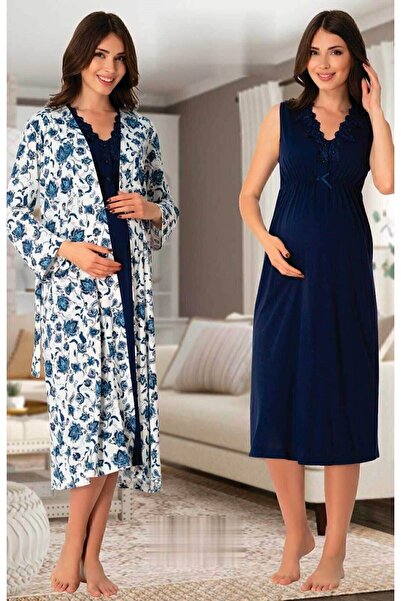 ByLohusa Set cămașă de noapte de maternitate Effortt bleumarin cu halat