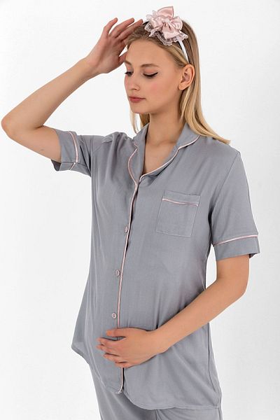 ByLohusa Effortt Gray Buttoned Front Maternity Pajama Set