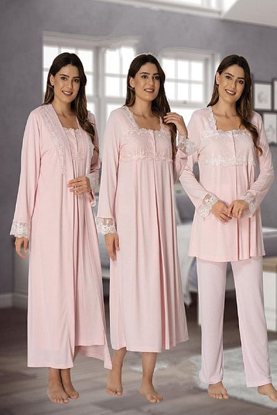 kaktüslohusa Effort Women's Pink Long Sleeve Pajama Set Nightgown Dressing Gown Maternity Maternity Set of 4 2405