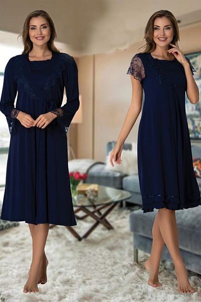 Effort Pijama Freya Effort Navy Blue Midi Lace Maternity Maternity Nightgown Dressing Gown Set
