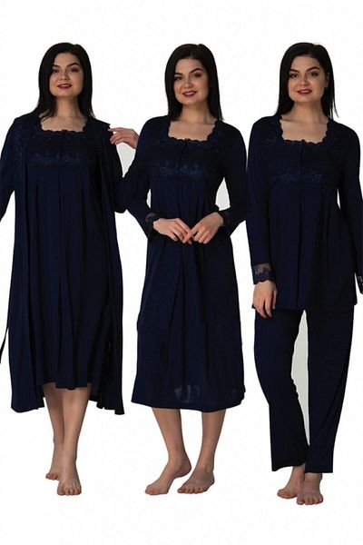 HAMİLE ÇARŞISI Women's Dressing Gown Long Sleeve Navy Blue Maternity Pajamas Nightgown Set 2405