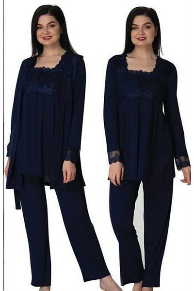 Effort Pijama Freya Effort Navy Blue Lace Sleeve Maternity Maternity Pajama Set with Dressing Gown