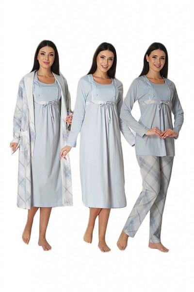 HAMİLE ÇARŞISI Effortt 8086 Maternity Pajamas Nightgown Set with Blue Dressing Gown