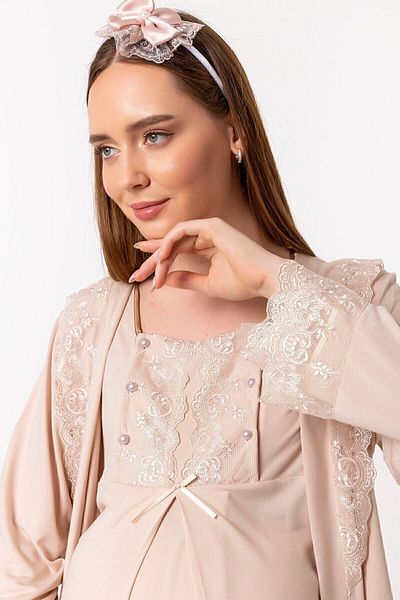 ByLohusa Σετ πιτζάμες εγκυμοσύνης Effortt Brown με ρόμπα
