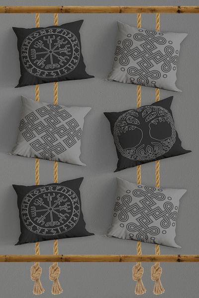 Belle Benoit 6 bucăți, design Viking gri, imprimat pe două fețe, decorativ, față de pernă, set de huse de pernă