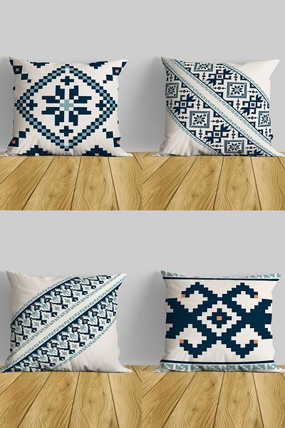 Belle Benoit Set de huse de pernă cu 4 locuri decorative, cu design etnic, alb, albastru