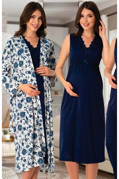 Effortt 8036 Navy Blue Patterned Maternity Set of 4 with Dressing Gowns