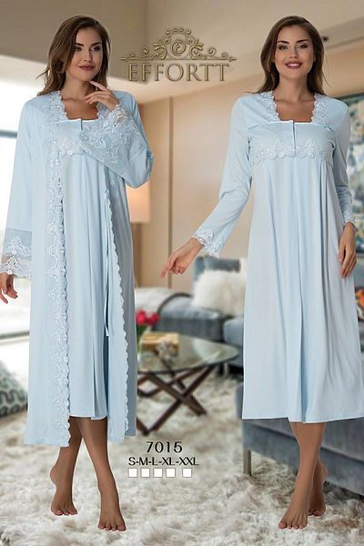 Effort Pijama Set cămașă de noapte de maternitate pentru femei cu volan albastru Zerre Baby, cu halat de toaletă