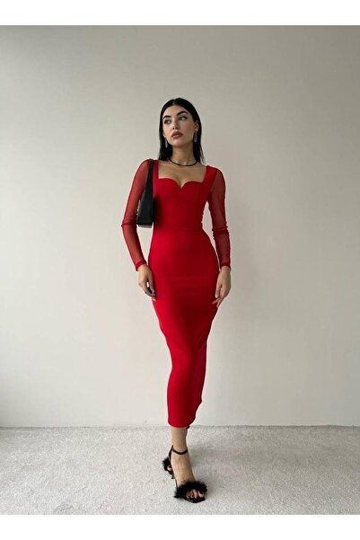 Afiş Butik Kırmızı Tül Kollu Midi Boy Kalem Elbise
