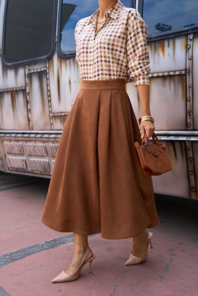 LOOSH Kadın Camel Ekoseli Oversize Pamuklu Gömlek