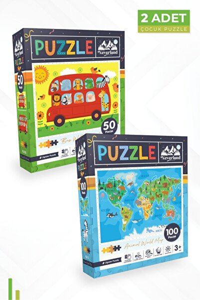 Neverland 2'li Çocuk Puzzle - 50 Parça Hayvanlarla Otobüs Ve 100 Parça Hayvan...