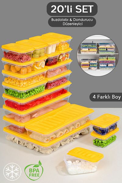 Meleni Home 20 Pieces Microwave Compatible Organizer Storage Container - 1X2400Ml 4X1170Ml 4X600Ml 11X240Ml Yellow