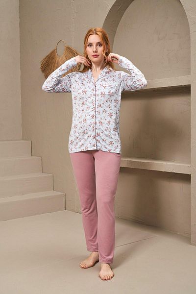 PJS 25152 Set de pijamale cu model, cu mânecă lungă, cu nasturi, cu guler