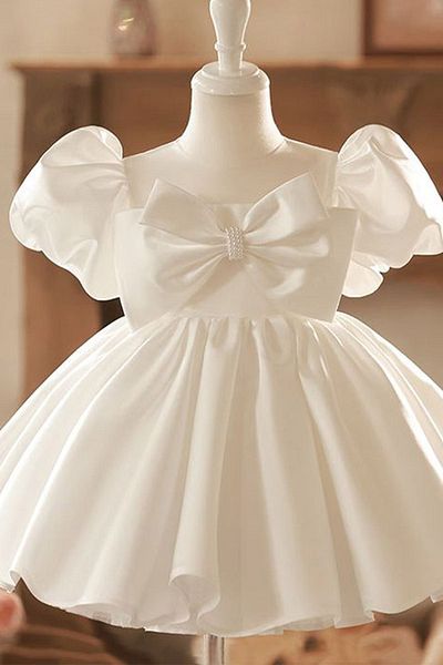 Bertuğ Bebek Off-white Satin Wedding Dress - Baby Girl Dress with Bow Detail