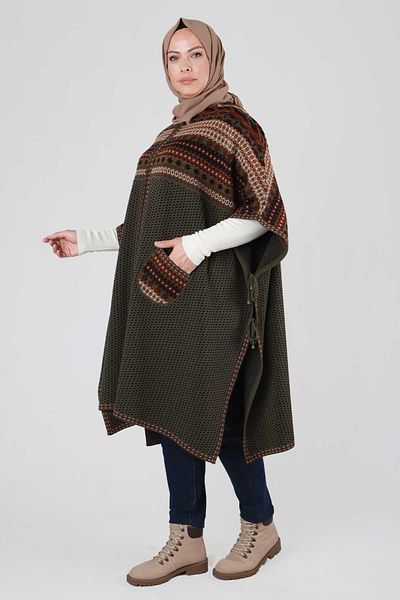 behrem 25K9620 - Khaki - Large Size Hijab Knitwear Poncho