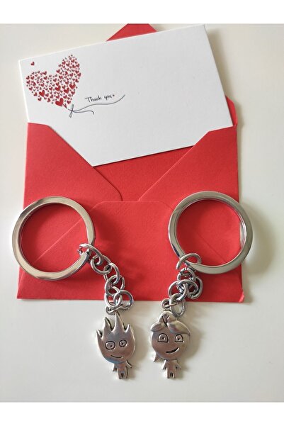 Esey Dizayn 2 Adet Zarf Ve Kart Ile Ateş Ve Su Çift Anahtarlık Sevgililer Için