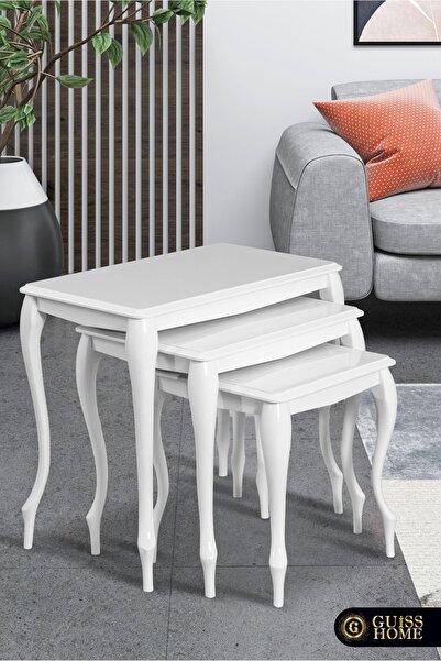 Guiss Home LEON Beyaz Lake 3’lü Gürgen Lükens  Ayak Mdflam Tabla Zigon Sehpa
