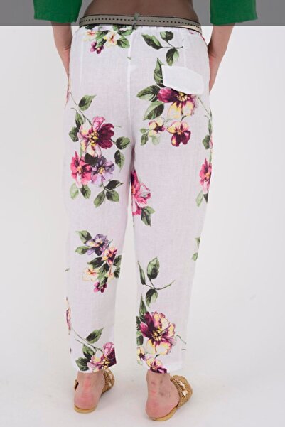 AYASOFYA OTANTIK Γυναικείο λευκό ιταλικό ελαστικό λινό παντελόνι με λουλουδάτο σχέδιο καρότο