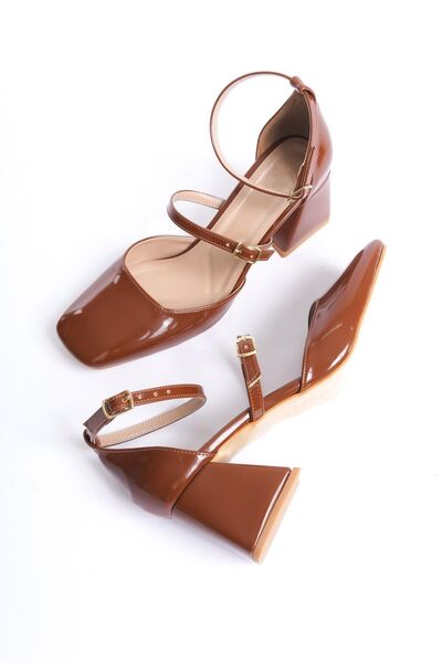 Modabuymus Sigva Mary Jane - Brown Patent Leather, Blunt Toe Thick Heel and Band Detailed Shoes