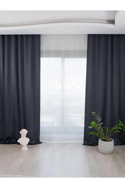 İNCİLİFE Navy Blue Pleatless Gathered Extra Stretch Light Proof Blackout Back...