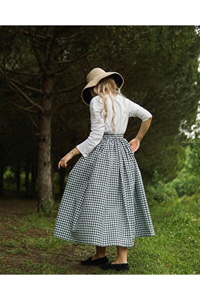 Launes خمر القماش القطني تنورة خضراء داكنة مع جيوب