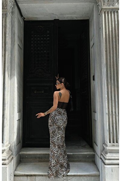 LB Laluna Butik Fusta lungă din satin cu leopard pentru femei