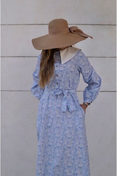 Launes طية صدر السترة مفصلة جيب خمر زرر مروحة منقوشة فستان الحكاية الزرقاء