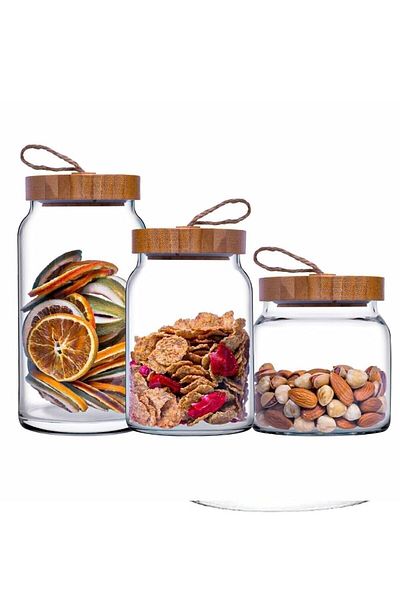 Paşabahçe Woody 3-Piece Jar Set with Bamboo Lid