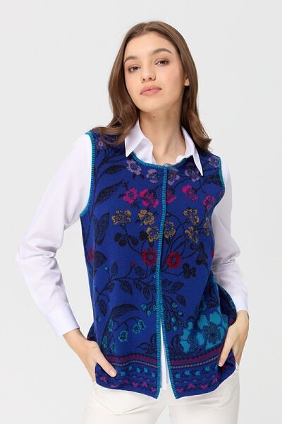 Desen Triko Жіночий жилет з вовни з візерунком у вигляді плюща та коміром-стійкою