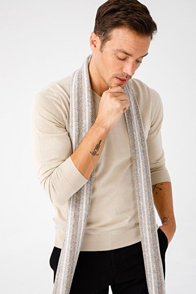 Desen Triko Men's Striped Wool Scarf V.beige
